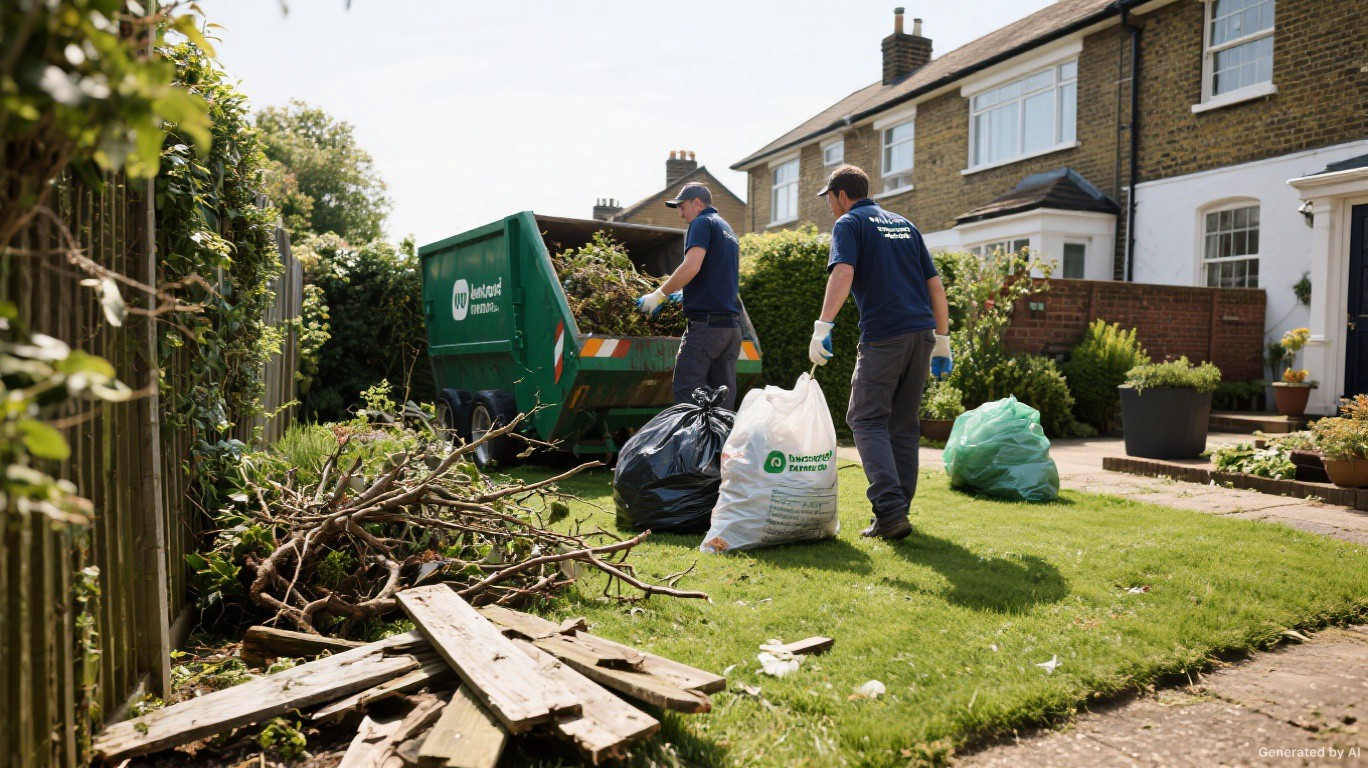 Professional rubbish removal team and van on a Chelsea street