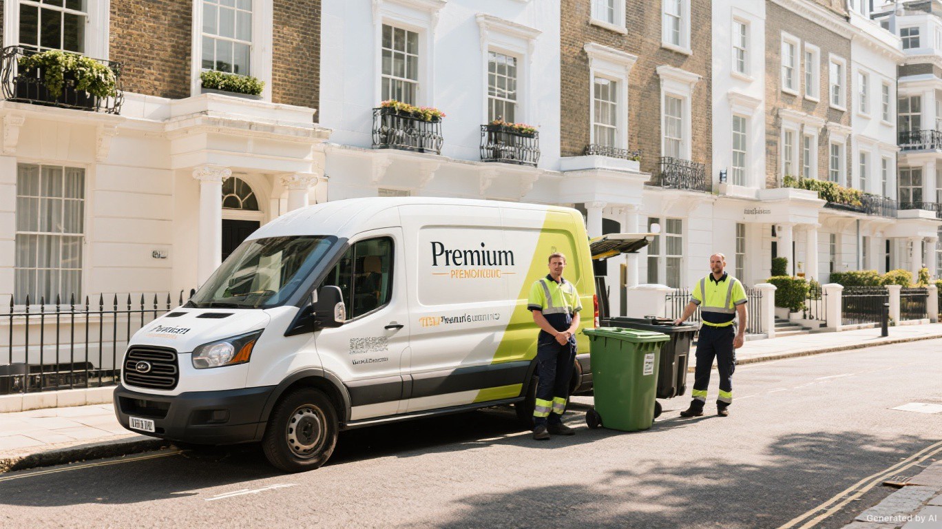 Professional rubbish removal team and van on a Chelsea street